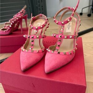 Valentino Pink Suede Rockstud Caged Pump